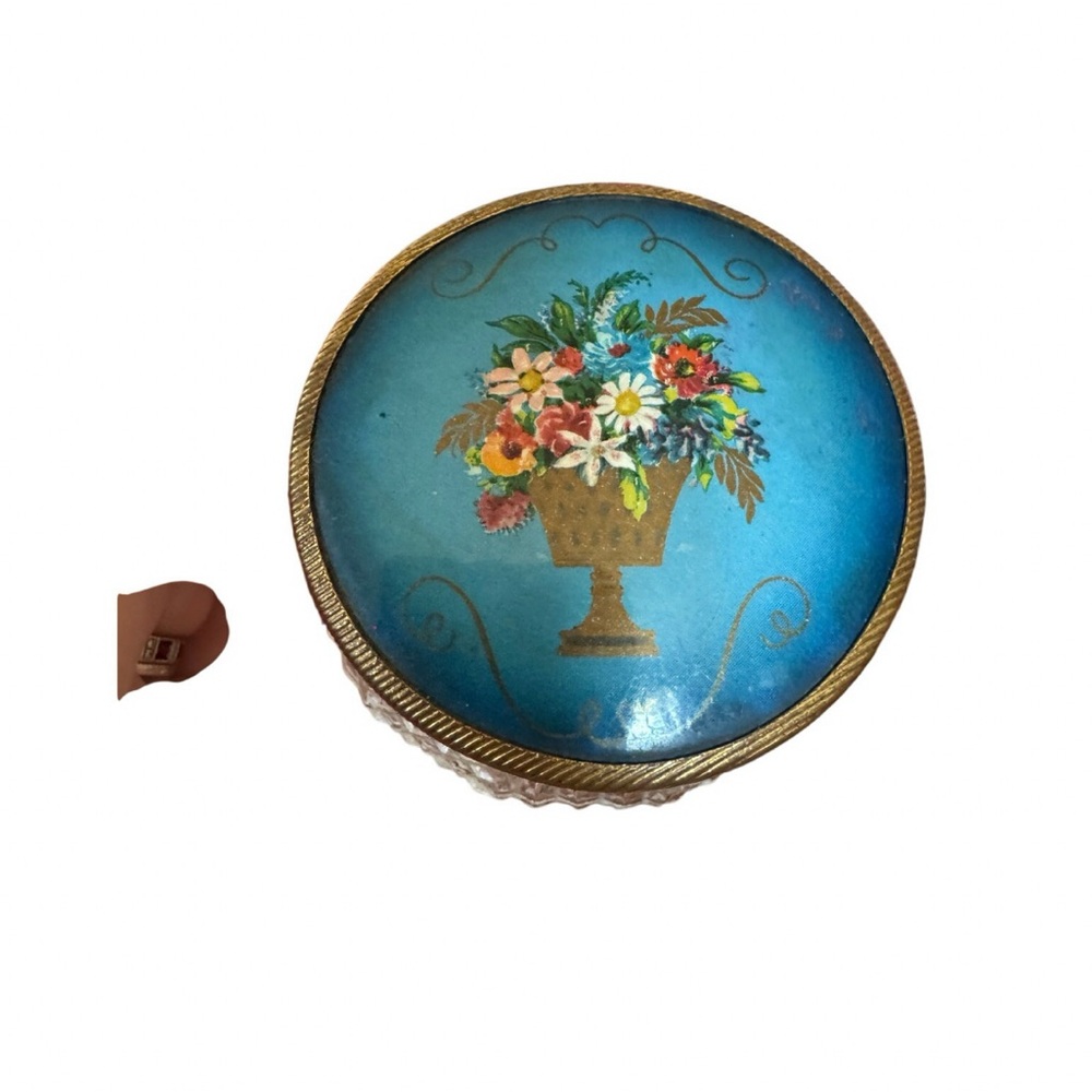 Vintage Blue Floral Elegant Glass Vanity Jar